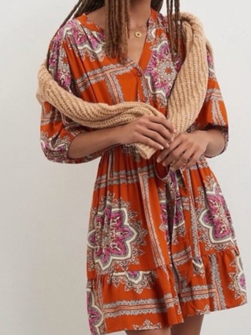 Anthropologie Porridge Isabel Paisley Mini Dress in Red Orange Sz M